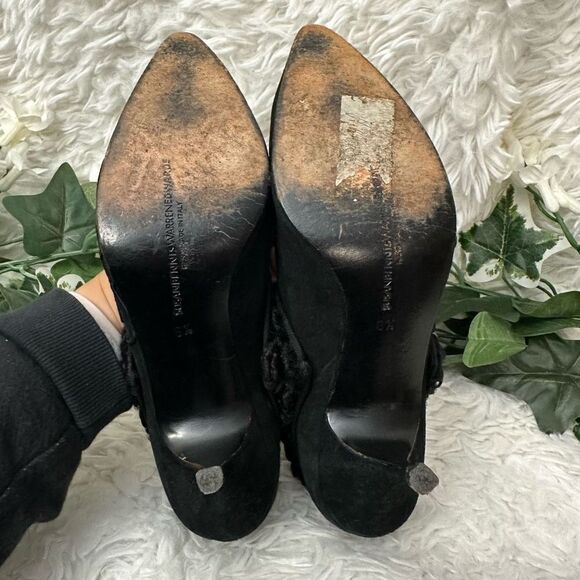 Susan Bennis/Warren Edwards Vintage Black Suede Statement Fur Patch Heels sz 8.5 - Picture 9 of 11